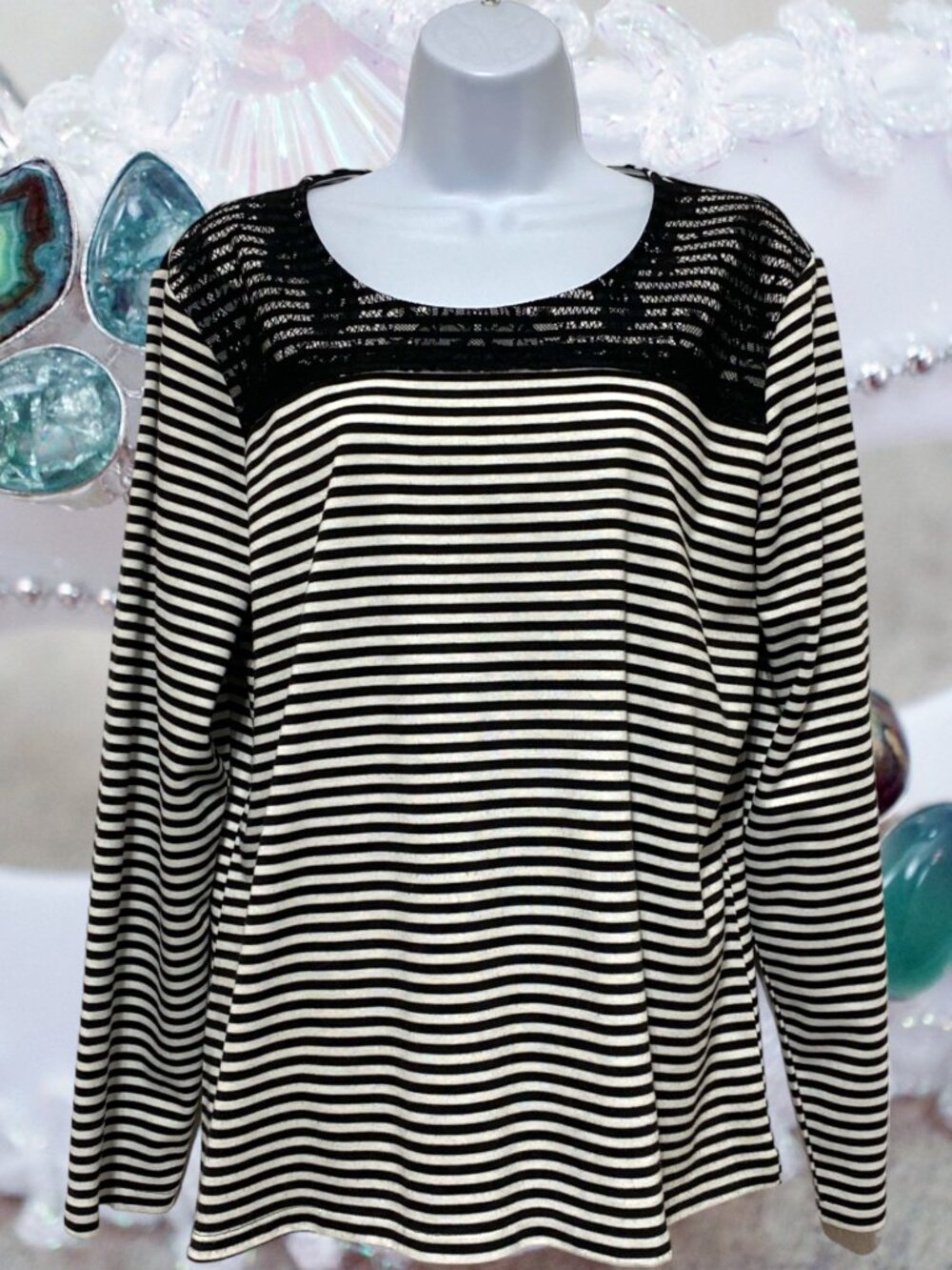 Christopher & Banks-Women's XL Top Pullover Striped Long Sleeve Lace Design